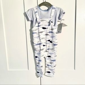 NWT Just Born Baby Boy Blue and White Narwhal Overall Outfit